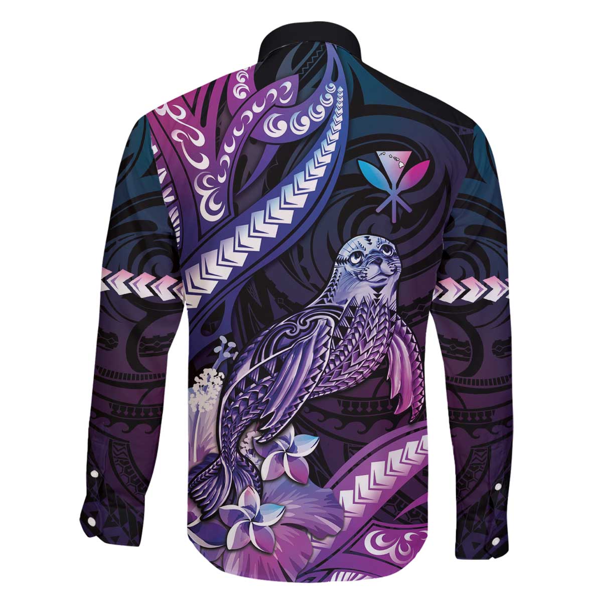 Hawaiian Monk Seal Family Matching Puletasi and Hawaiian Shirt Kakau Tribal Pattern Violet Gradient