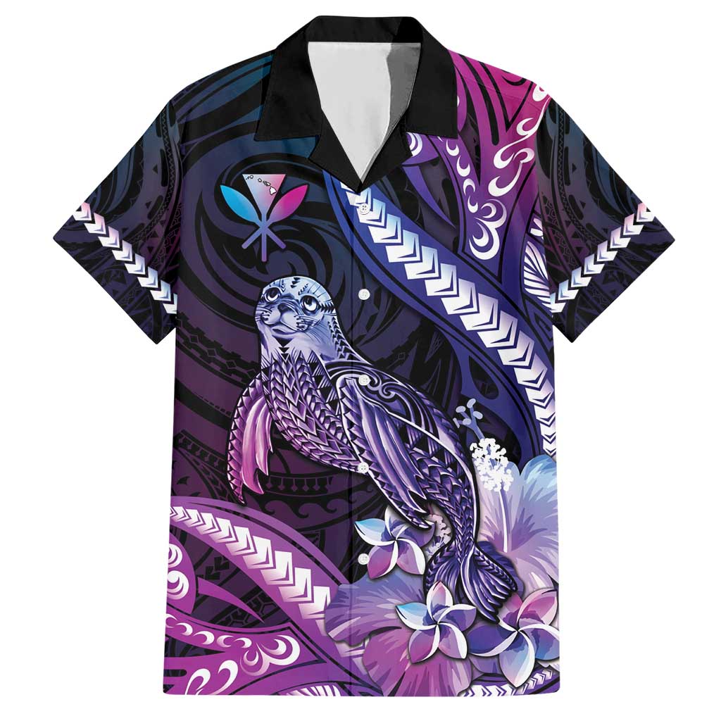 Hawaiian Monk Seal Hawaiian Shirt Kakau Tribal Pattern Violet Gradient