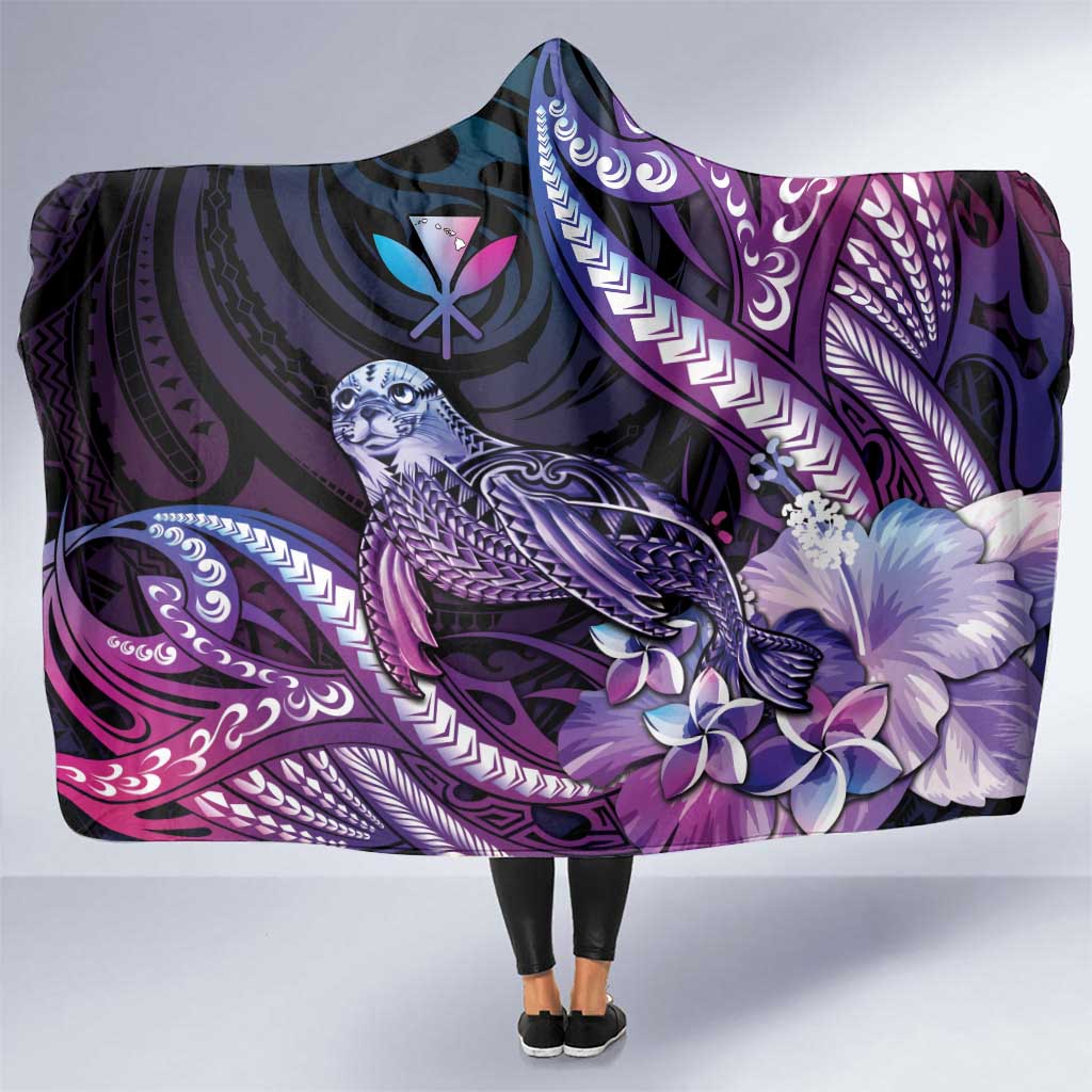 Hawaiian Monk Seal Hooded Blanket Kakau Tribal Pattern Violet Gradient