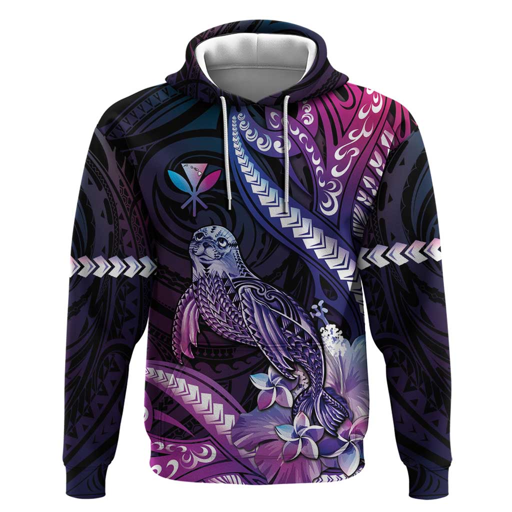 Hawaiian Monk Seal Hoodie Kakau Tribal Pattern Violet Gradient