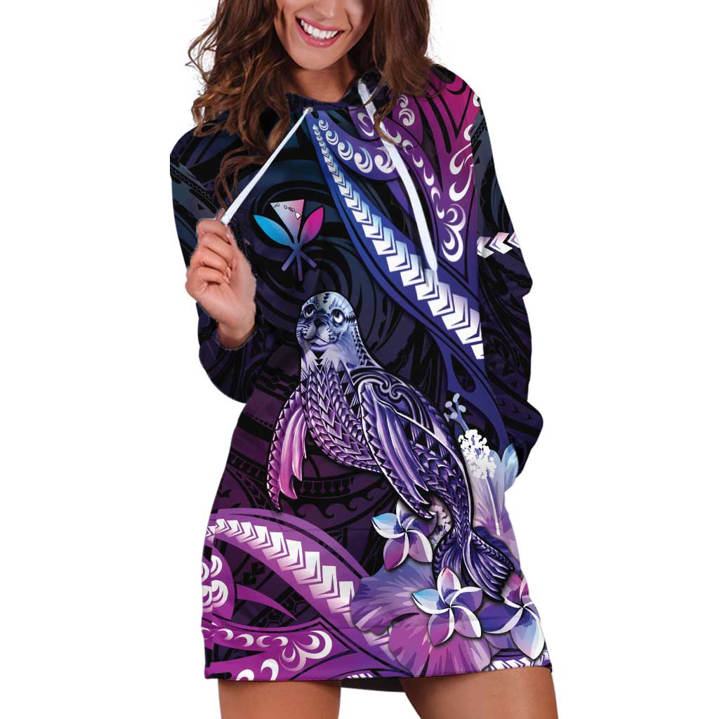 Hawaiian Monk Seal Hoodie Dress Kakau Tribal Pattern Violet Gradient