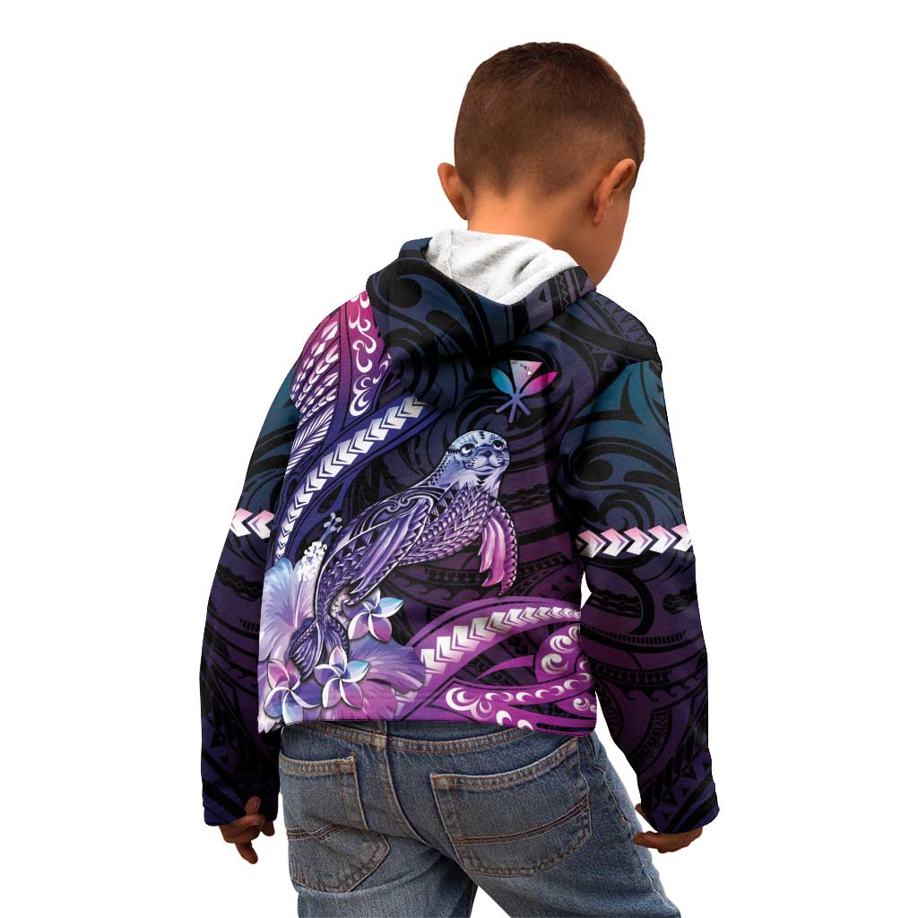 Hawaiian Monk Seal Kid Hoodie Kakau Tribal Pattern Violet Gradient