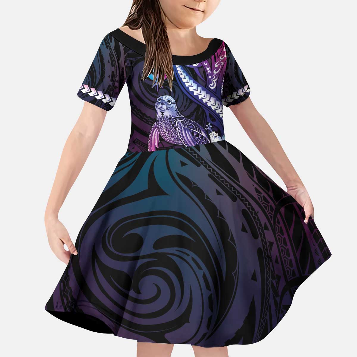 Hawaiian Monk Seal Kid Short Sleeve Dress Kakau Tribal Pattern Violet Gradient