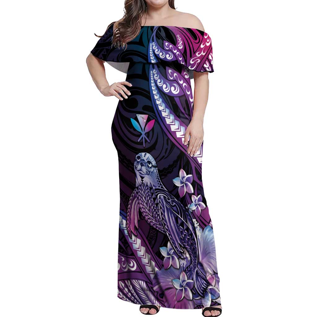 Hawaiian Monk Seal Off Shoulder Maxi Dress Kakau Tribal Pattern Violet Gradient