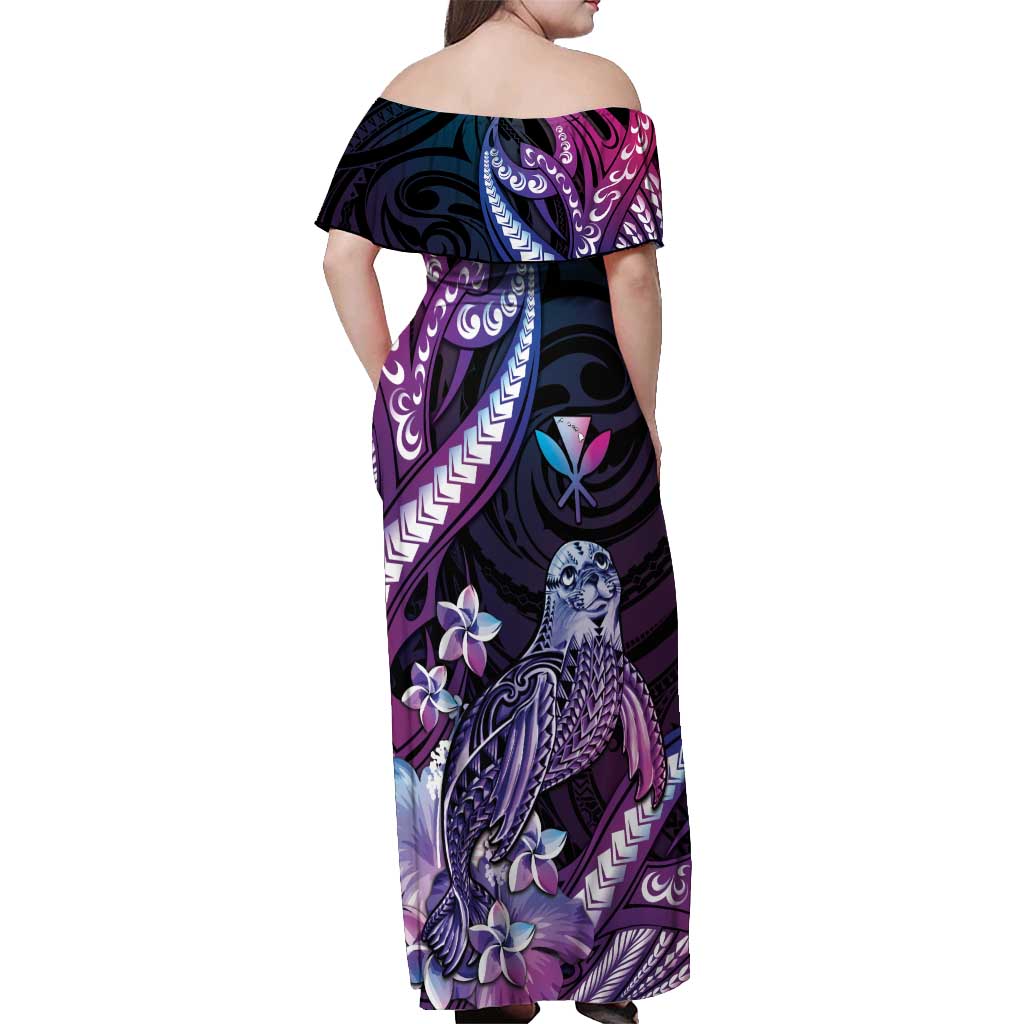 Hawaiian Monk Seal Off Shoulder Maxi Dress Kakau Tribal Pattern Violet Gradient