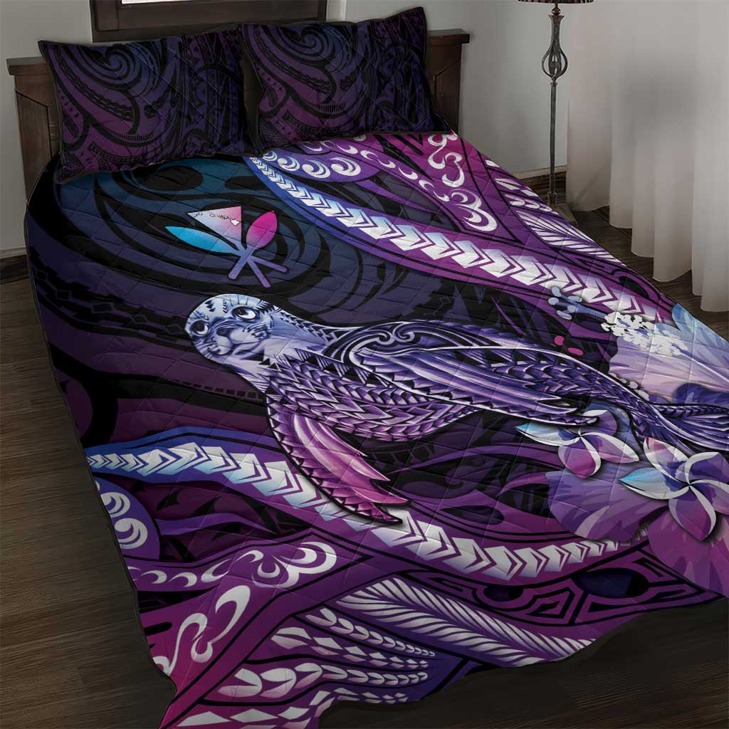 Hawaiian Monk Seal Quilt Bed Set Kakau Tribal Pattern Violet Gradient