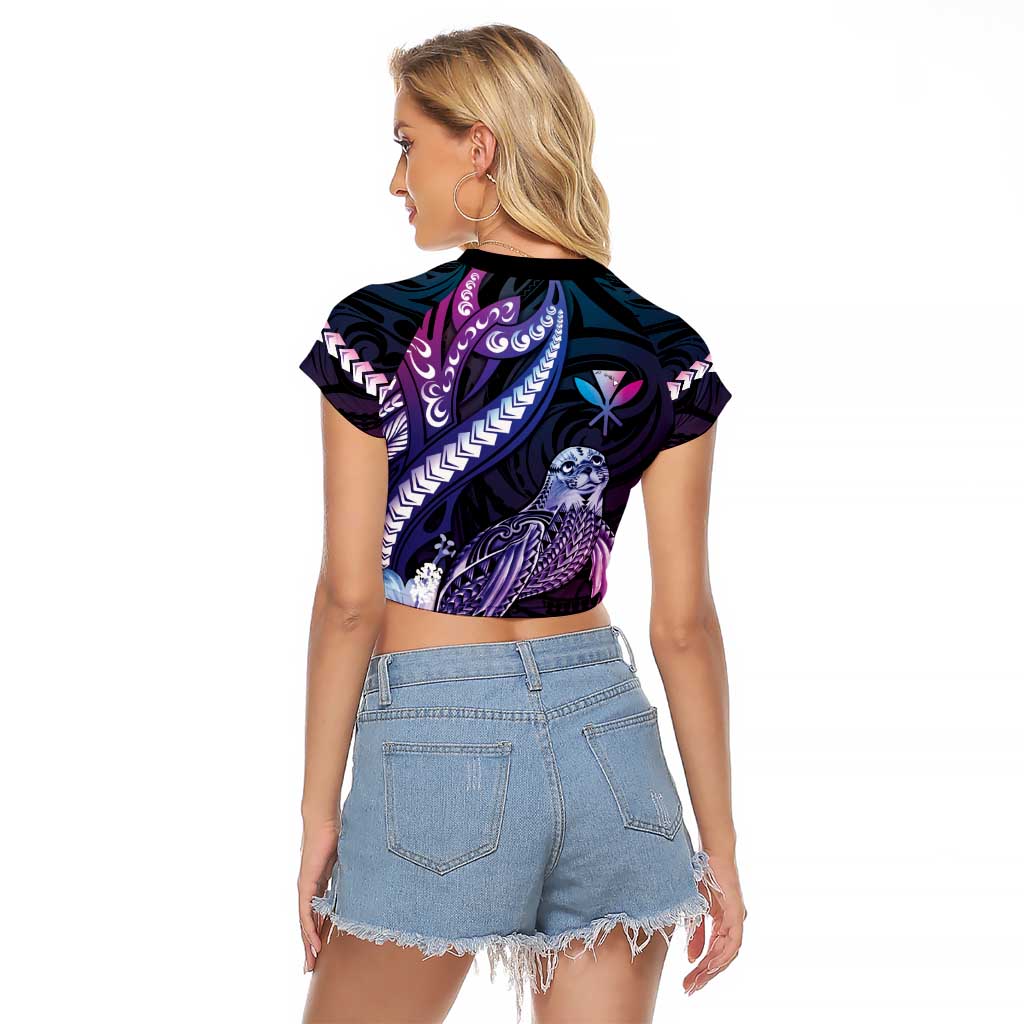 Hawaiian Monk Seal Raglan Cropped T Shirt Kakau Tribal Pattern Violet Gradient