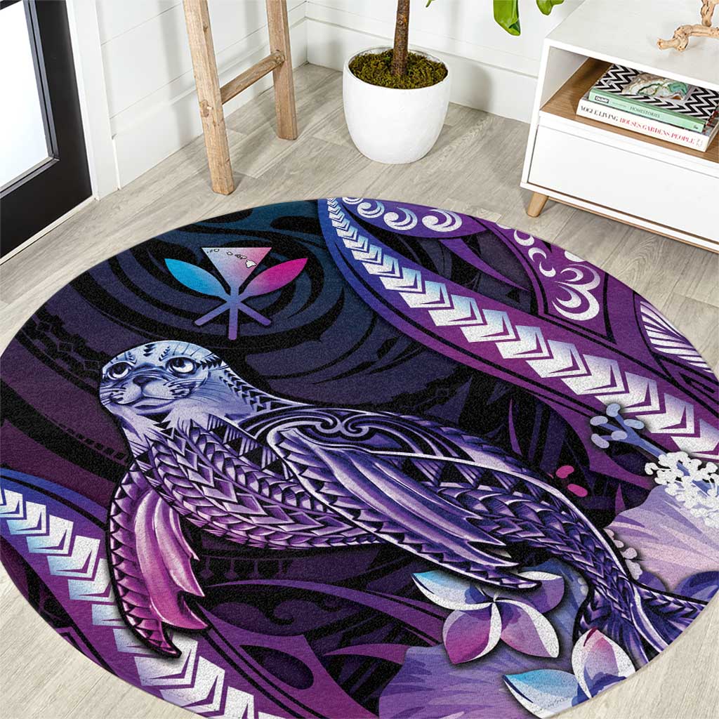 Hawaiian Monk Seal Round Carpet Kakau Tribal Pattern Violet Gradient