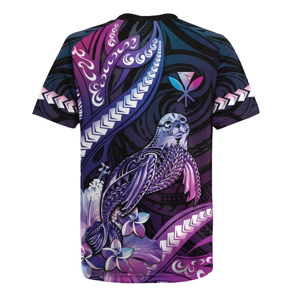 Hawaiian Monk Seal Rugby Jersey Kakau Tribal Pattern Violet Gradient