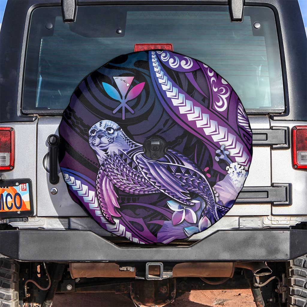 Hawaiian Monk Seal Spare Tire Cover Kakau Tribal Pattern Violet Gradient