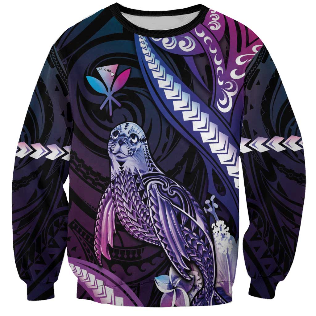 Hawaiian Monk Seal Sweatshirt Kakau Tribal Pattern Violet Gradient