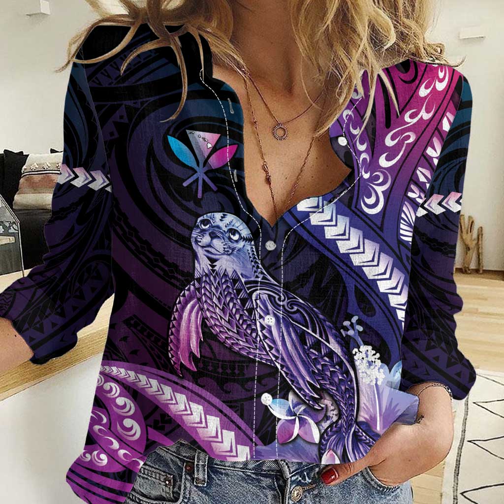 Hawaiian Monk Seal Women Casual Shirt Kakau Tribal Pattern Violet Gradient