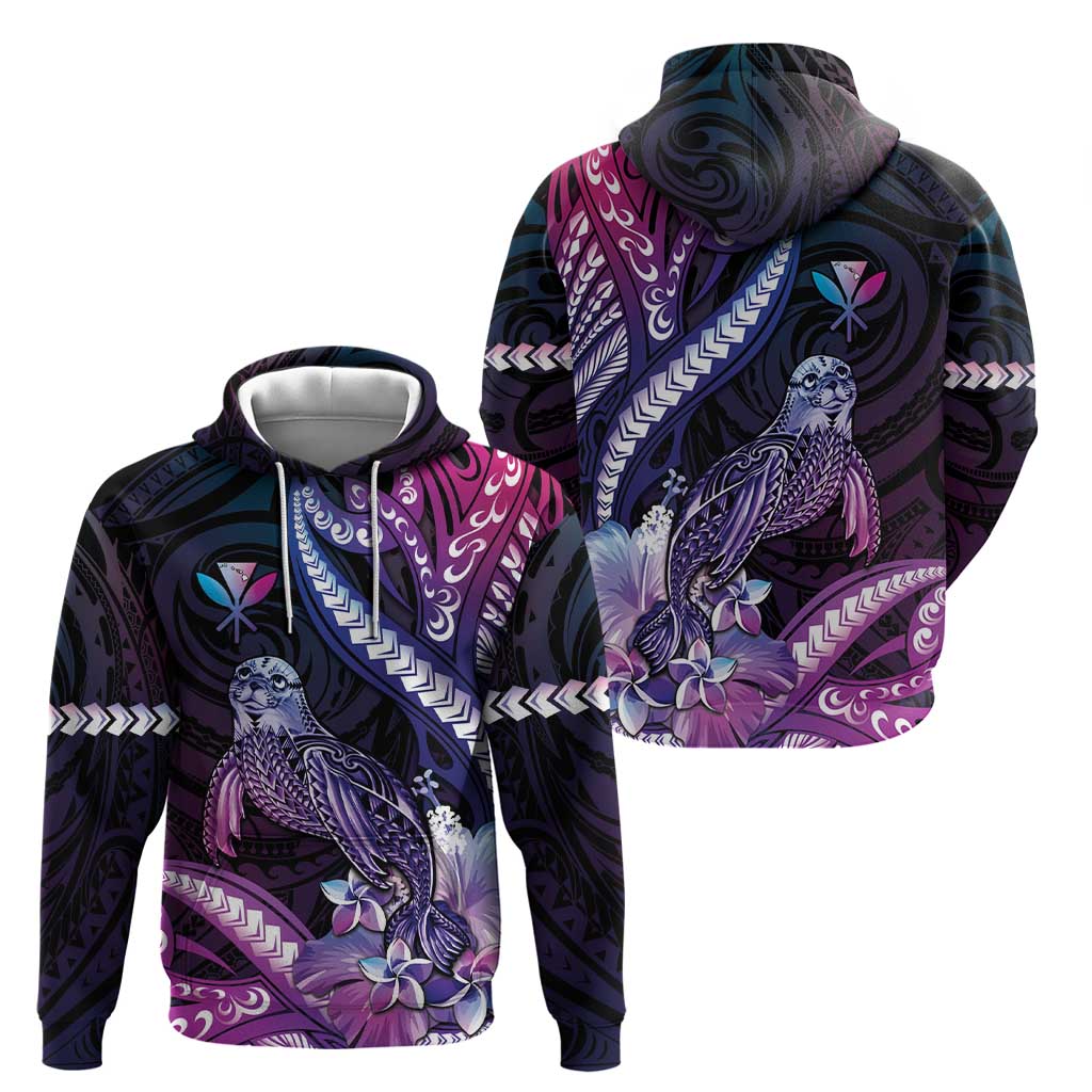 Hawaiian Monk Seal Zip Hoodie Kakau Tribal Pattern Violet Gradient