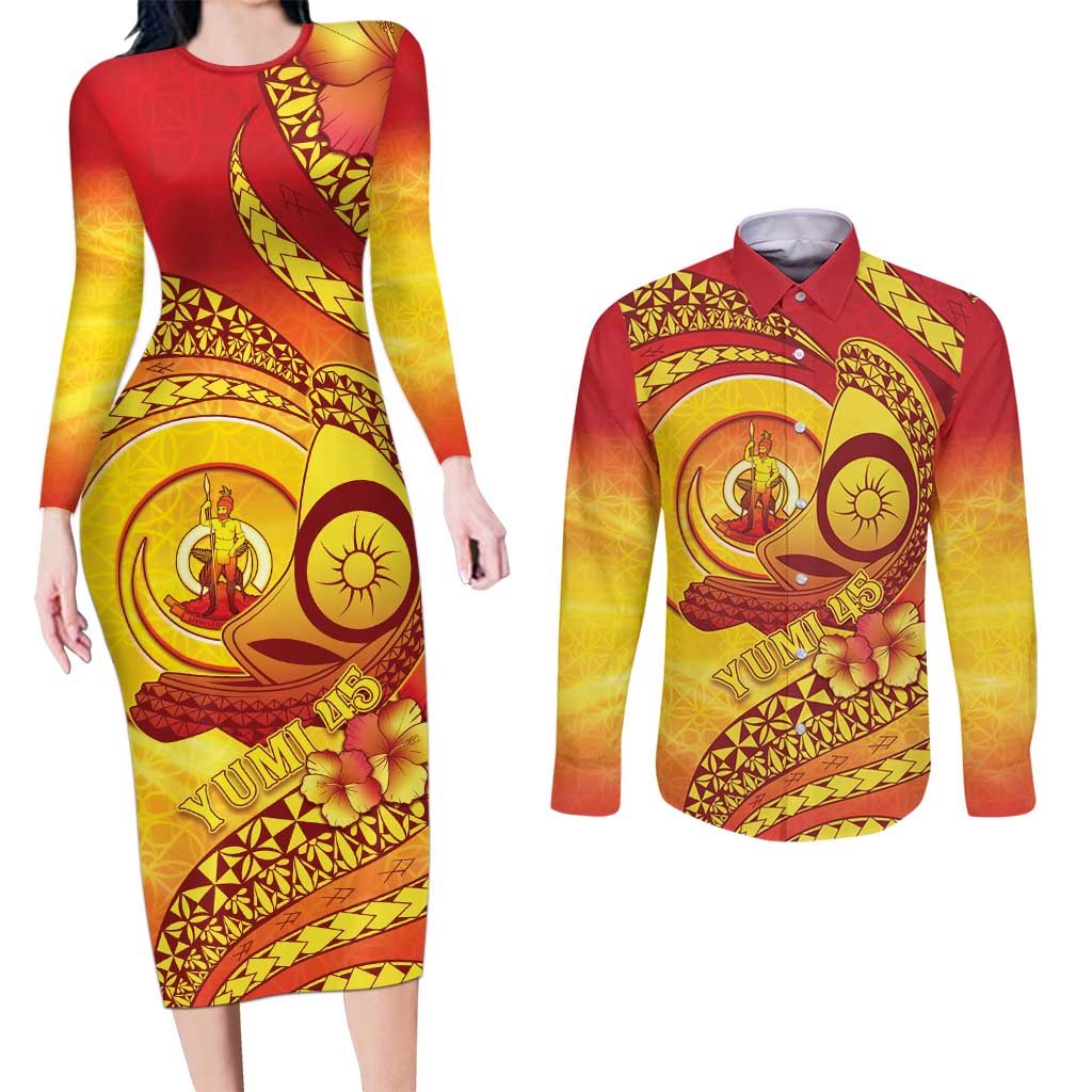 Vanuatu 45 Yia Indipendens Anivesari Couples Matching Long Sleeve Bodycon Dress and Long Sleeve Button Shirt Tamtam Drum With Boar Tusk LT05 Yellow - Polynesian Pride