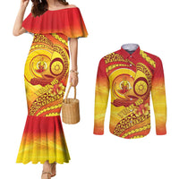 Vanuatu 45 Yia Indipendens Anivesari Couples Matching Mermaid Dress and Long Sleeve Button Shirt Tamtam Drum With Boar Tusk LT05 Yellow - Polynesian Pride