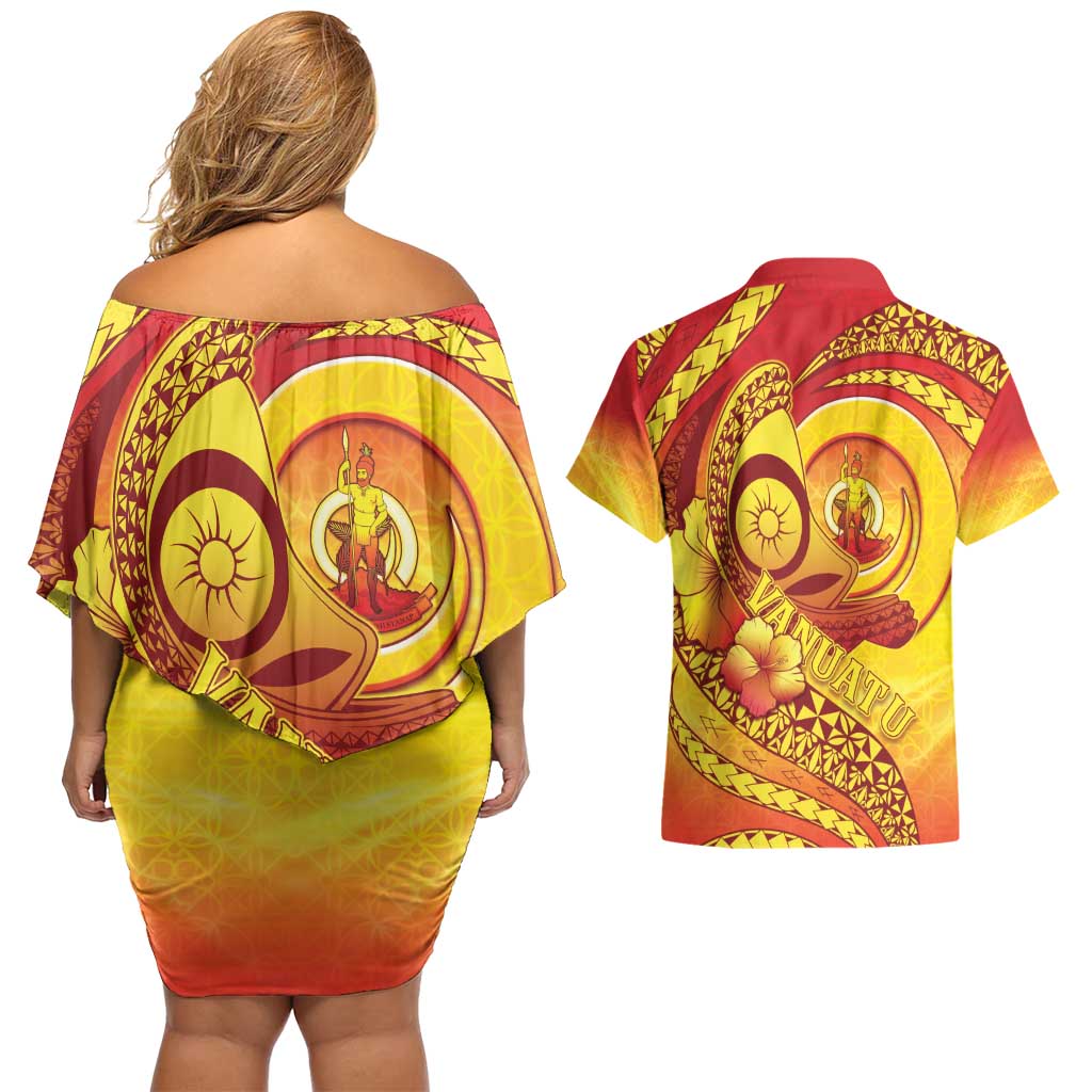 Vanuatu 45 Yia Indipendens Anivesari Couples Matching Off Shoulder Short Dress and Hawaiian Shirt Tamtam Drum With Boar Tusk - Polynesian Pride