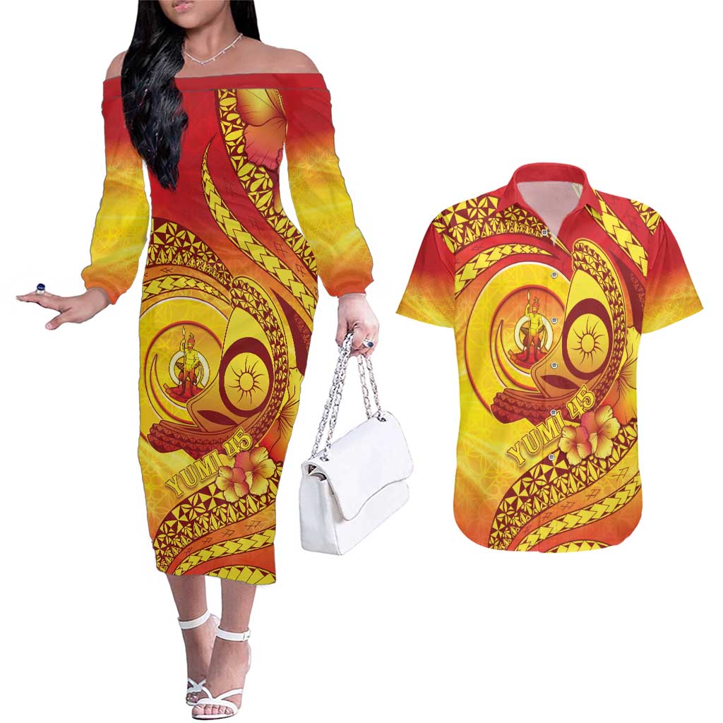 Vanuatu 45 Yia Indipendens Anivesari Couples Matching Off The Shoulder Long Sleeve Dress and Hawaiian Shirt Tamtam Drum With Boar Tusk LT05 Yellow - Polynesian Pride