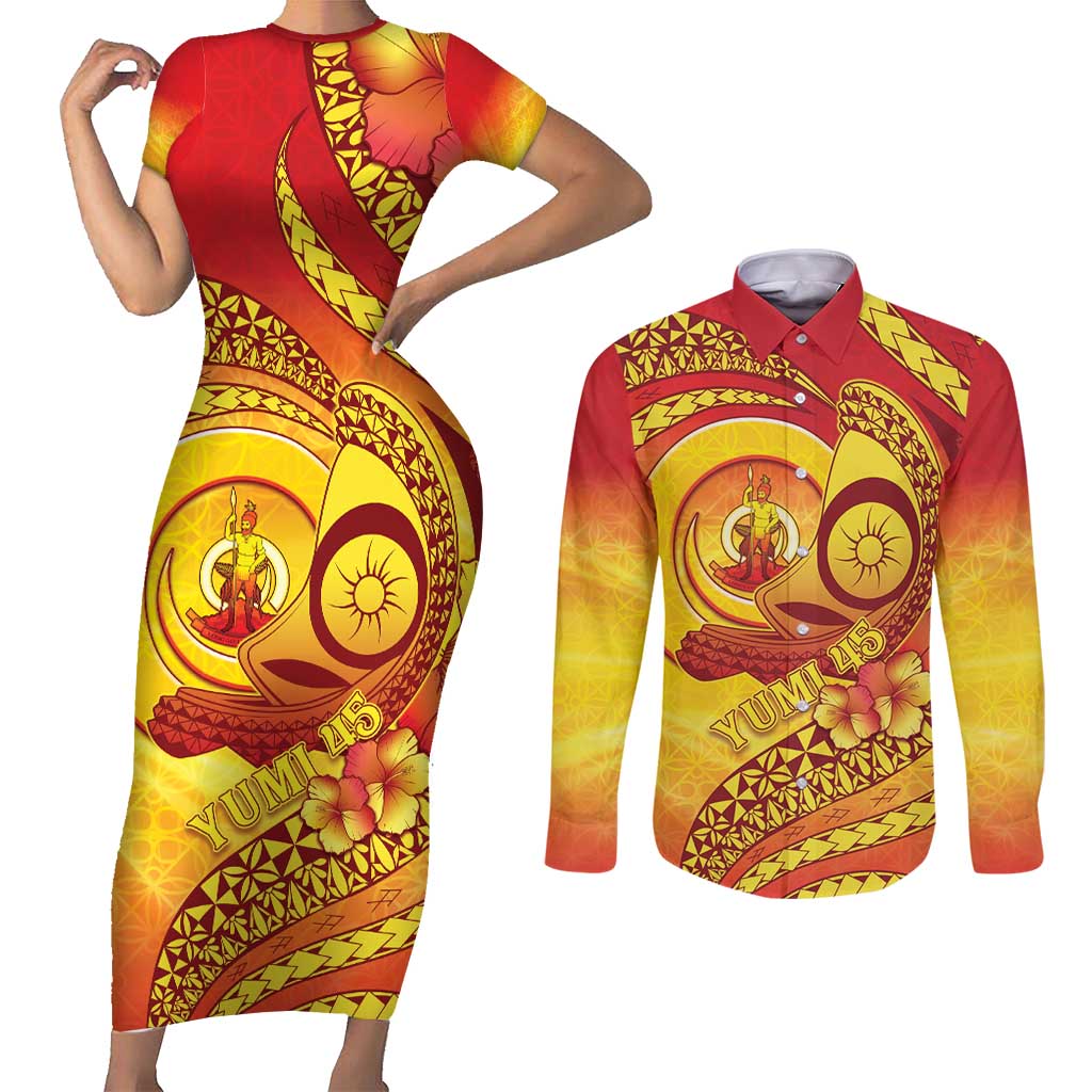 Vanuatu 45 Yia Indipendens Anivesari Couples Matching Short Sleeve Bodycon Dress and Long Sleeve Button Shirt Tamtam Drum With Boar Tusk LT05 Yellow - Polynesian Pride