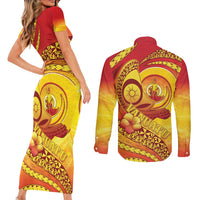 Vanuatu 45 Yia Indipendens Anivesari Couples Matching Short Sleeve Bodycon Dress and Long Sleeve Button Shirt Tamtam Drum With Boar Tusk LT05 - Polynesian Pride