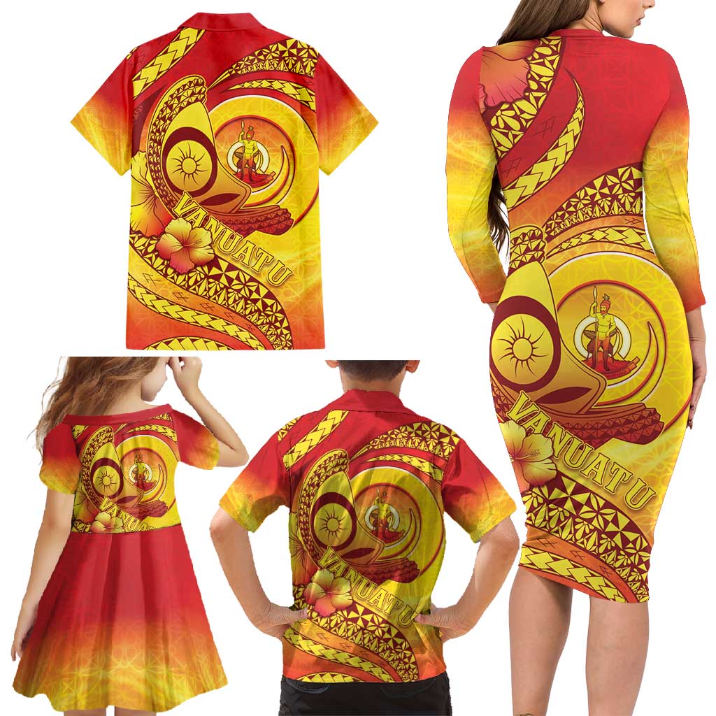 Vanuatu 45 Yia Indipendens Anivesari Family Matching Long Sleeve Bodycon Dress and Hawaiian Shirt Tamtam Drum With Boar Tusk - Polynesian Pride