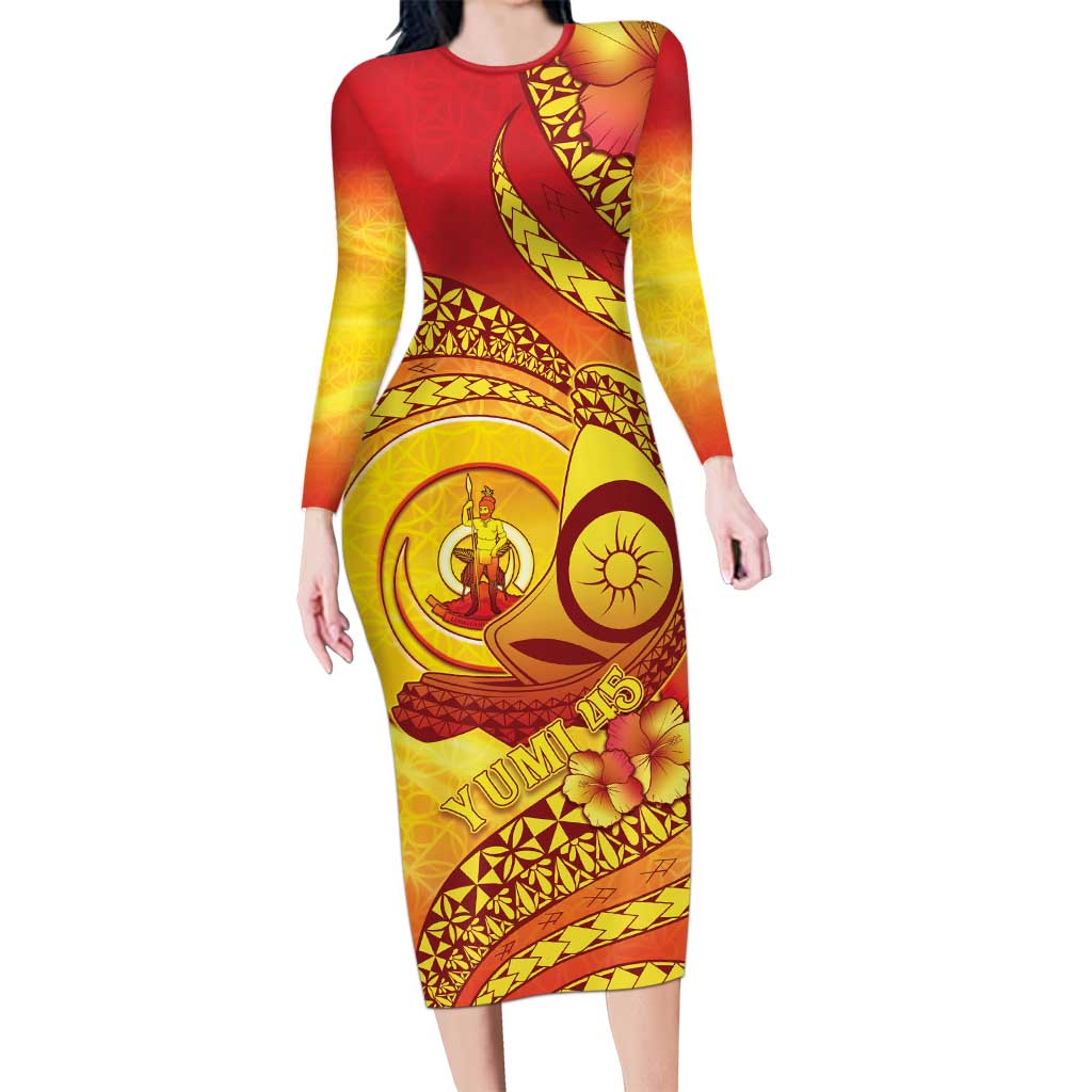 Vanuatu 45 Yia Indipendens Anivesari Family Matching Long Sleeve Bodycon Dress and Hawaiian Shirt Tamtam Drum With Boar Tusk - Polynesian Pride