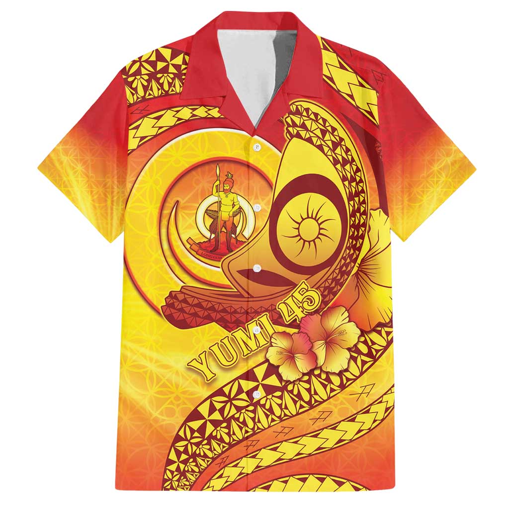 Vanuatu 45 Yia Indipendens Anivesari Family Matching Puletasi and Hawaiian Shirt Tamtam Drum With Boar Tusk LT05 Dad's Shirt - Short Sleeve Yellow - Polynesian Pride