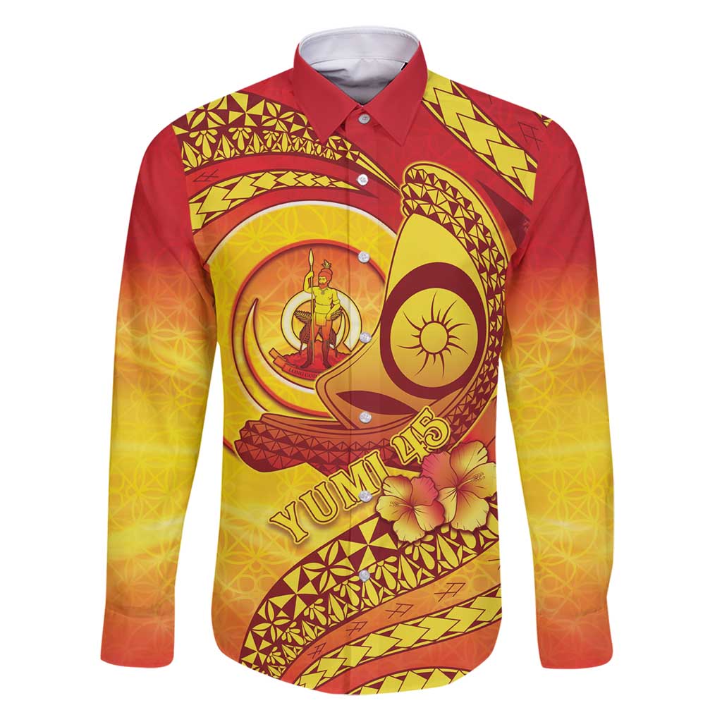 Vanuatu 45 Yia Indipendens Anivesari Family Matching Puletasi and Hawaiian Shirt Tamtam Drum With Boar Tusk LT05 Dad's Shirt - Long Sleeve Yellow - Polynesian Pride