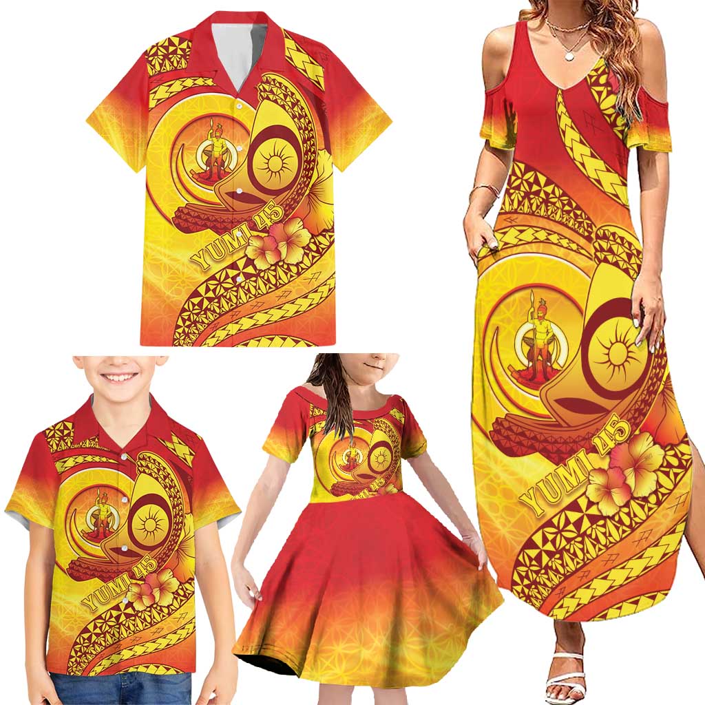 Vanuatu 45 Yia Indipendens Anivesari Family Matching Summer Maxi Dress and Hawaiian Shirt Tamtam Drum With Boar Tusk - Polynesian Pride