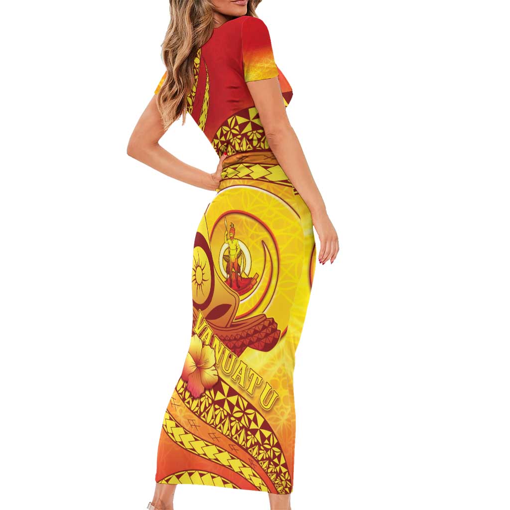 Vanuatu 45 Yia Indipendens Anivesari Short Sleeve Bodycon Dress Tamtam Drum With Boar Tusk - Polynesian Pride