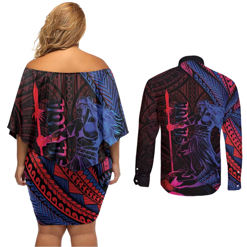Samoan Pride Couples Matching Off Shoulder Short Dress and Long Sleeve Button Shirt The Tui Manua - Polynesian Pride