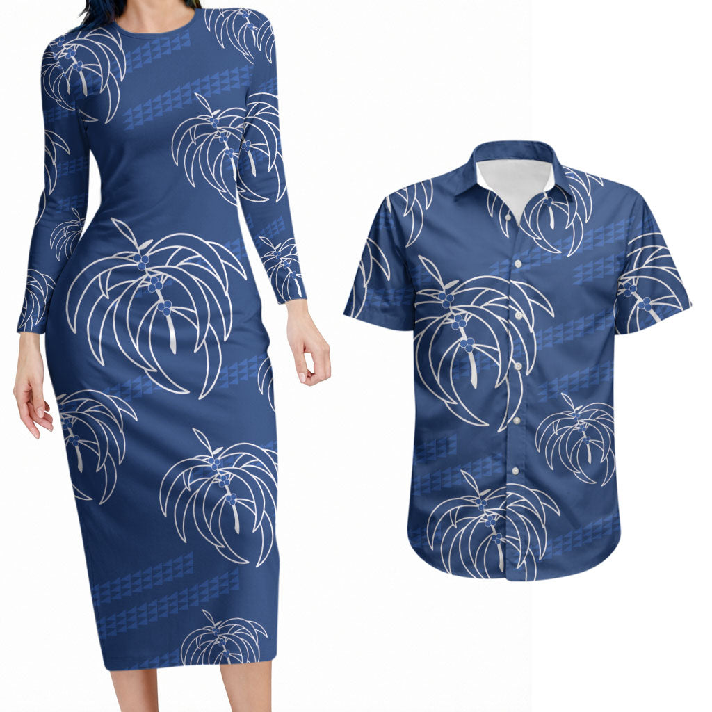 Aloha Hawaii Acacia Koa Leaves Couples Matching Long Sleeve Bodycon Dress and Hawaiian Shirt Navy Kakau Tribal Pattern