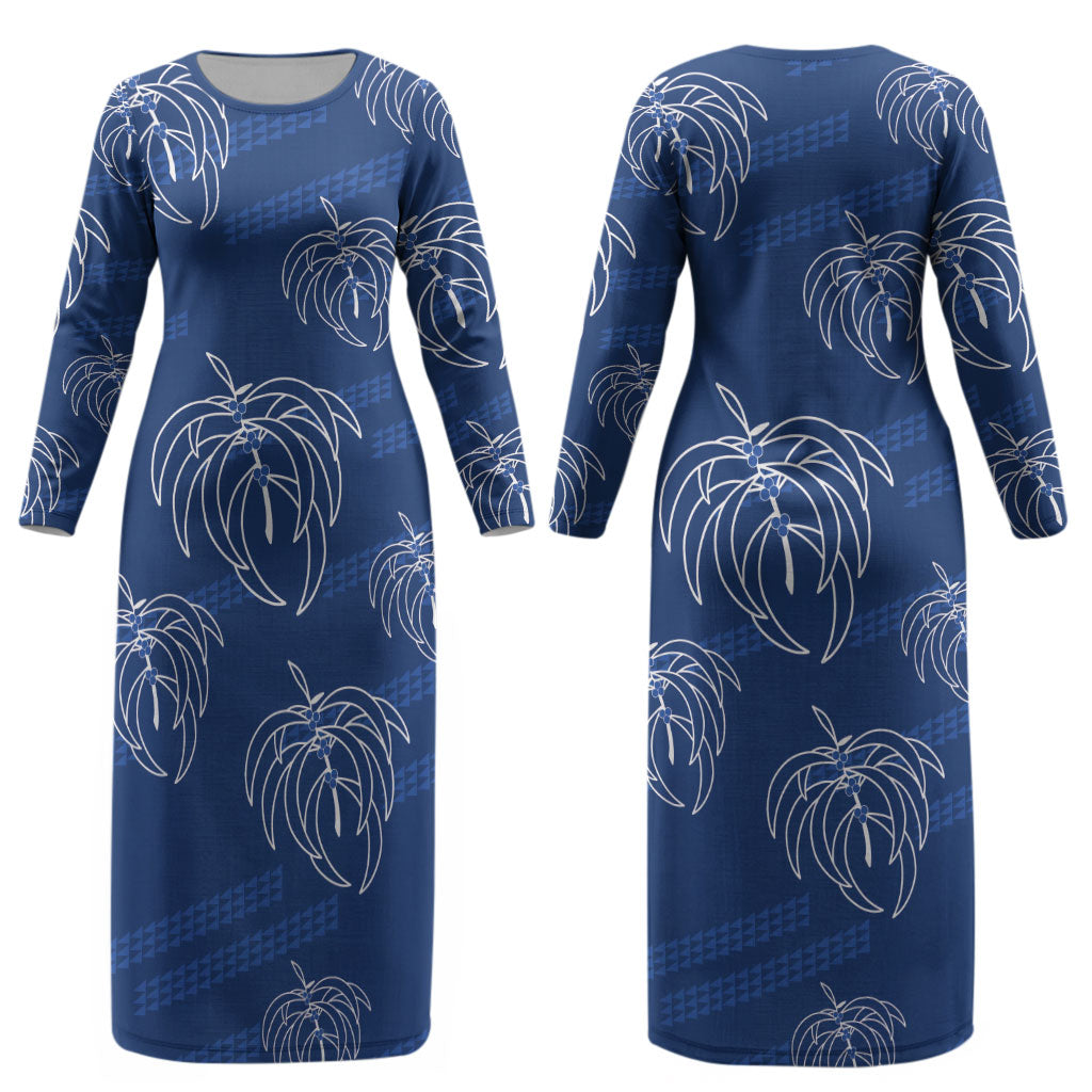 Aloha Hawaii Acacia Koa Leaves Couples Matching Long Sleeve Bodycon Dress and Long Sleeve Button Shirt Navy Kakau Tribal Pattern