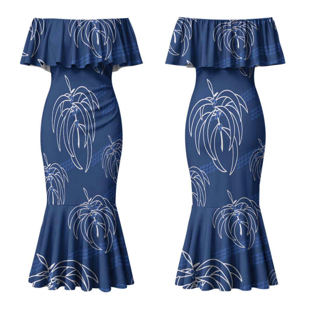 Aloha Hawaii Acacia Koa Leaves Couples Matching Mermaid Dress and Hawaiian Shirt Navy Kakau Tribal Pattern