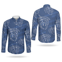 Aloha Hawaii Acacia Koa Leaves Couples Matching Mermaid Dress and Long Sleeve Button Shirt Navy Kakau Tribal Pattern