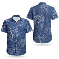 Aloha Hawaii Acacia Koa Leaves Couples Matching Off Shoulder Maxi Dress and Hawaiian Shirt Navy Kakau Tribal Pattern