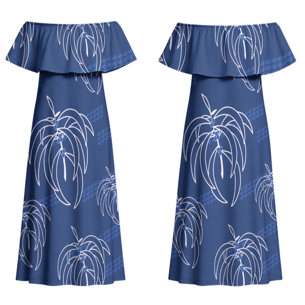 Aloha Hawaii Acacia Koa Leaves Couples Matching Off Shoulder Maxi Dress and Hawaiian Shirt Navy Kakau Tribal Pattern