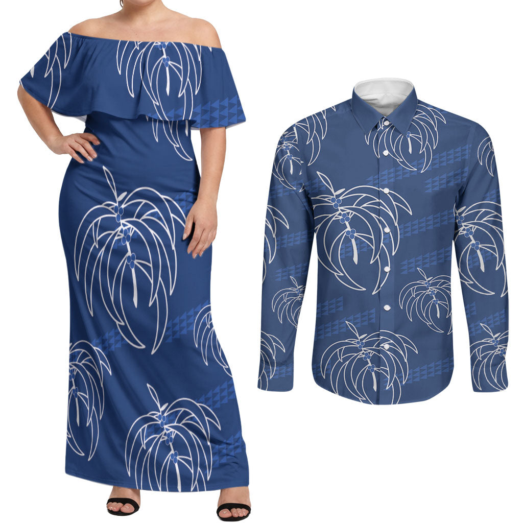 Aloha Hawaii Acacia Koa Leaves Couples Matching Off Shoulder Maxi Dress and Long Sleeve Button Shirt Navy Kakau Tribal Pattern