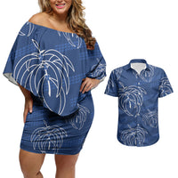 Aloha Hawaii Acacia Koa Leaves Couples Matching Off Shoulder Short Dress and Hawaiian Shirt Navy Kakau Tribal Pattern