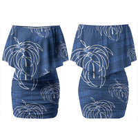 Aloha Hawaii Acacia Koa Leaves Couples Matching Off Shoulder Short Dress and Hawaiian Shirt Navy Kakau Tribal Pattern