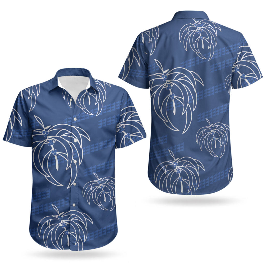 Aloha Hawaii Acacia Koa Leaves Couples Matching Off The Shoulder Long Sleeve Dress and Hawaiian Shirt Navy Kakau Tribal Pattern