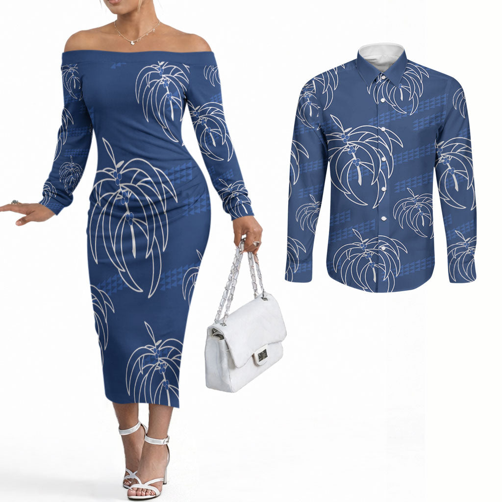 Aloha Hawaii Acacia Koa Leaves Couples Matching Off The Shoulder Long Sleeve Dress and Long Sleeve Button Shirt Navy Kakau Tribal Pattern