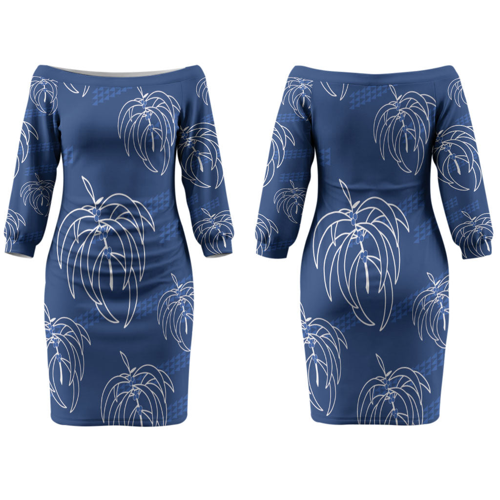 Aloha Hawaii Acacia Koa Leaves Couples Matching Off The Shoulder Long Sleeve Dress and Long Sleeve Button Shirt Navy Kakau Tribal Pattern
