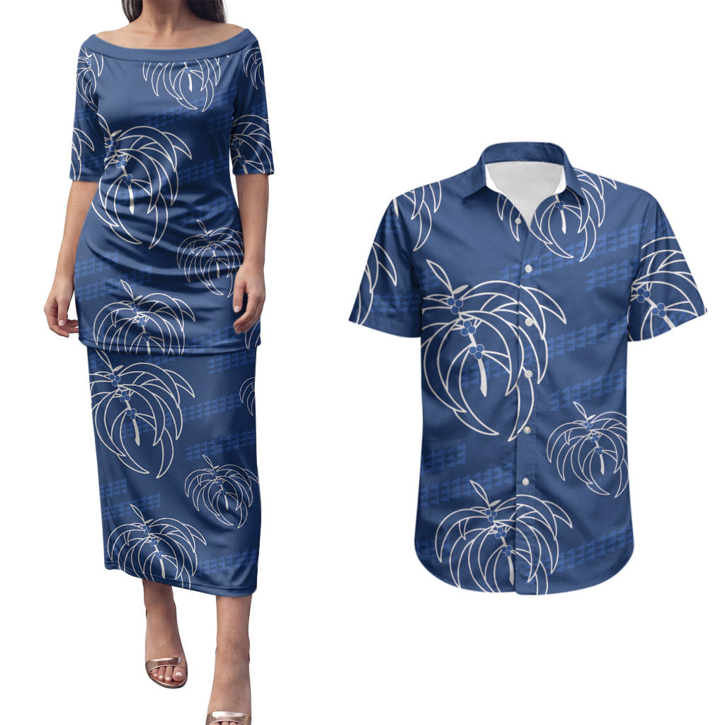 Aloha Hawaii Acacia Koa Leaves Couples Matching Puletasi and Hawaiian Shirt Navy Kakau Tribal Pattern