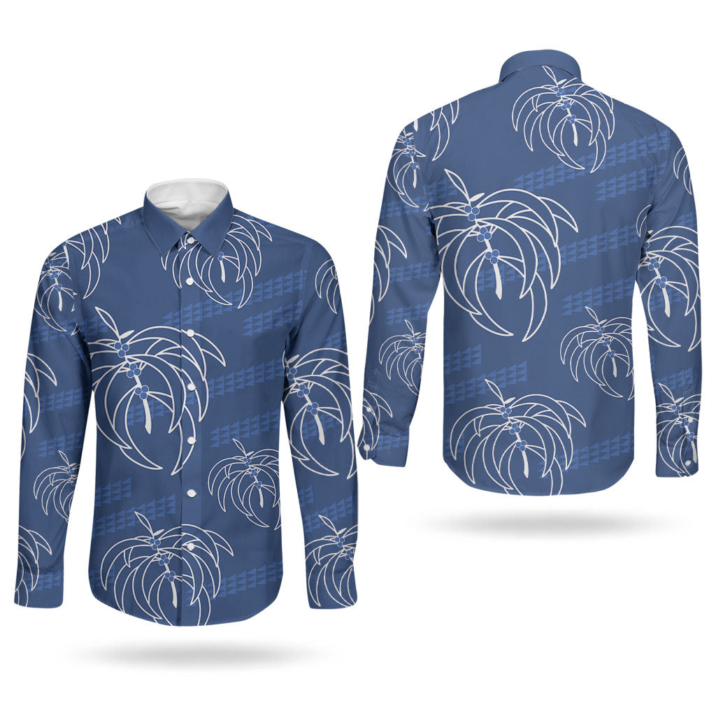 Aloha Hawaii Acacia Koa Leaves Couples Matching Puletasi and Long Sleeve Button Shirt Navy Kakau Tribal Pattern LT05 - Polynesian Pride