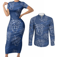 Aloha Hawaii Acacia Koa Leaves Couples Matching Short Sleeve Bodycon Dress and Long Sleeve Button Shirt Navy Kakau Tribal Pattern