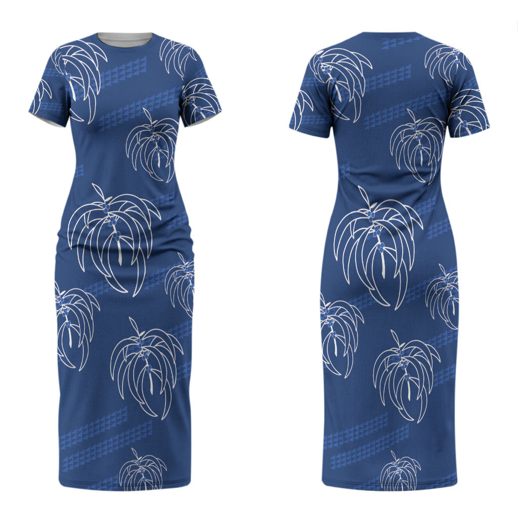 Aloha Hawaii Acacia Koa Leaves Couples Matching Short Sleeve Bodycon Dress and Long Sleeve Button Shirt Navy Kakau Tribal Pattern