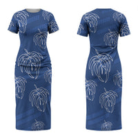 Aloha Hawaii Acacia Koa Leaves Couples Matching Short Sleeve Bodycon Dress and Long Sleeve Button Shirt Navy Kakau Tribal Pattern