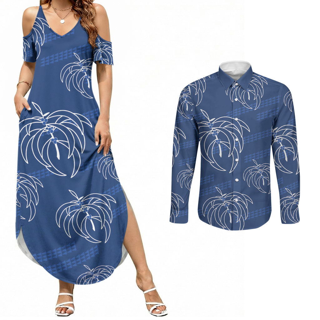 Aloha Hawaii Acacia Koa Leaves Couples Matching Summer Maxi Dress and Long Sleeve Button Shirt Navy Kakau Tribal Pattern