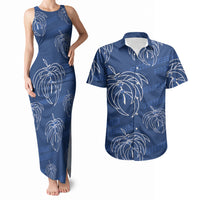 Aloha Hawaii Acacia Koa Leaves Couples Matching Tank Maxi Dress and Hawaiian Shirt Navy Kakau Tribal Pattern