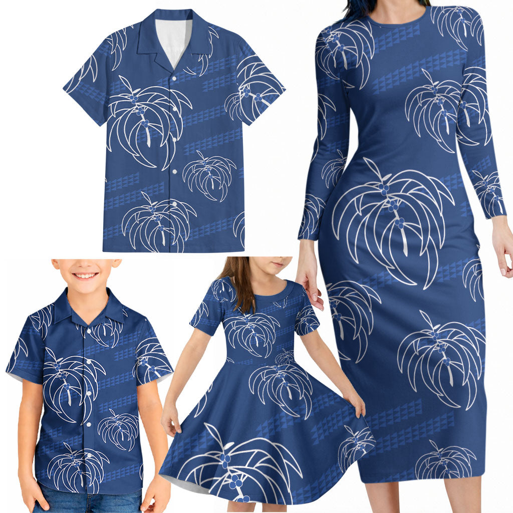 Aloha Hawaii Acacia Koa Leaves Family Matching Long Sleeve Bodycon Dress and Hawaiian Shirt Navy Kakau Tribal Pattern